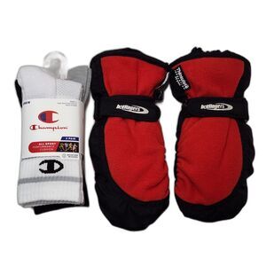 Champion Kids Socks 3‑Pack Small 10K–4Y + Hot Fingers Mittens Red